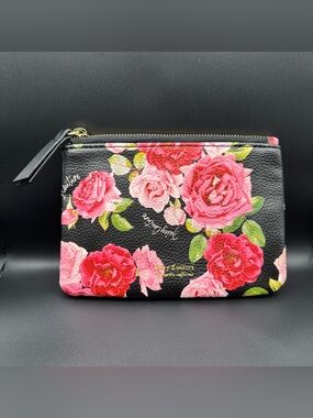 Juicy Couture Black Floral Rose Zip Pouch with Pink & Red Blooms